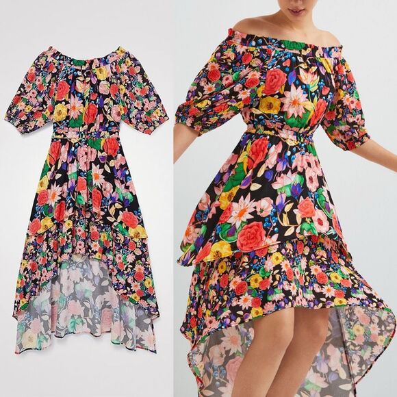 NWT‎ Desigual Multicolor Off-Shoulder Tiered Floral Hi-Lo Dress Size L - Picture 3 of 12